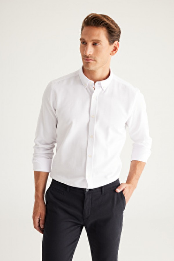 Altınyıldız Classics Erkek Beyaz Tailored Slim Fit Dar Kesim Düğmeli Yaka Oxford Gömlek