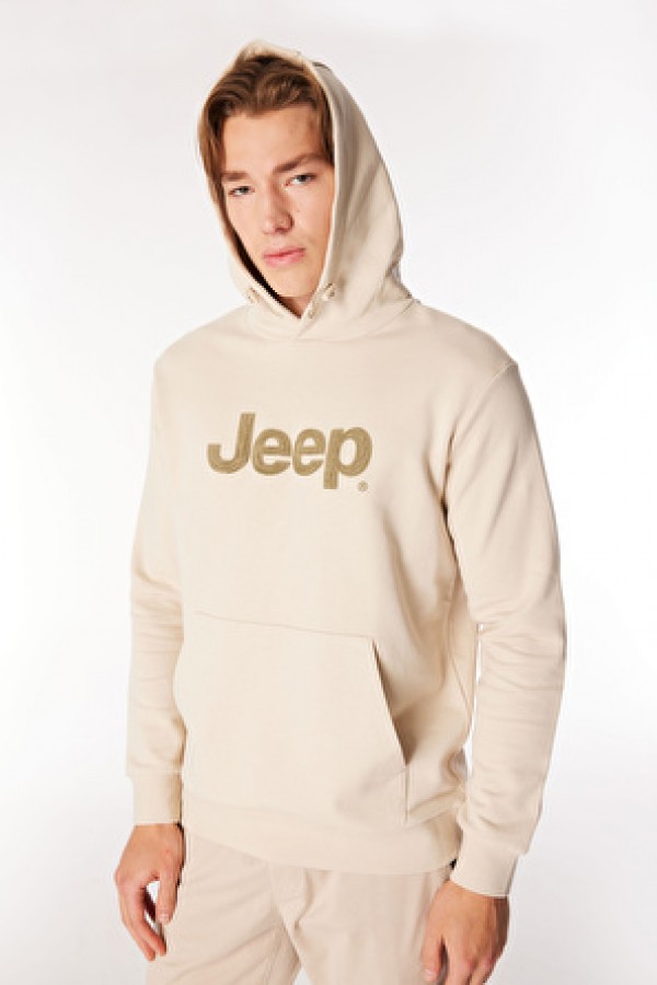 Jeep Bej Erkek Kapüşon Relaxed Baskılı Sweatshirt 