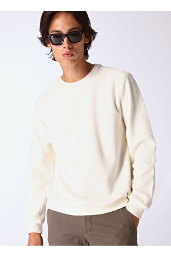 Limon Ekru Erkek Bisiklet Basic Düz Sweatshirt 