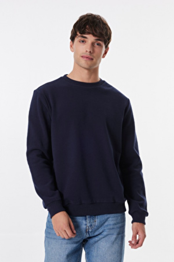 Limon Lacivert Erkek Bisiklet Basic Düz Sweatshirt 