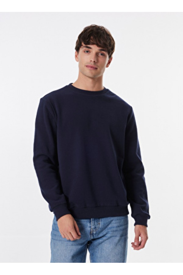 Limon Lacivert Erkek Bisiklet Basic Düz Sweatshirt 