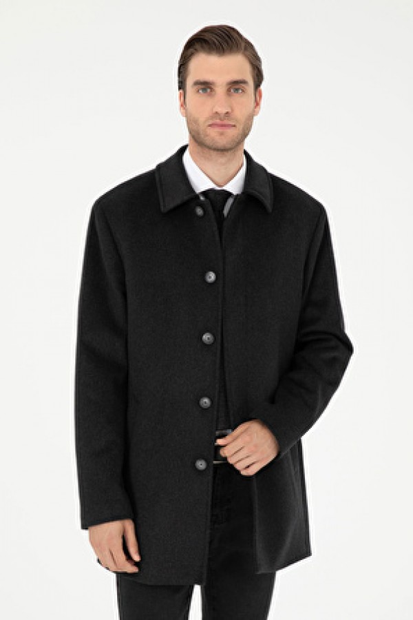 Pierre Cardin Gri Erkek Gizli Kapüşonlu Slim Fit Düz Kaban  