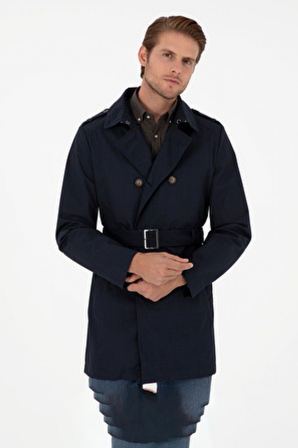 Pierre Cardin Lacivert Erkek Gizli Kapüşonlu Basic Düz Kaban 