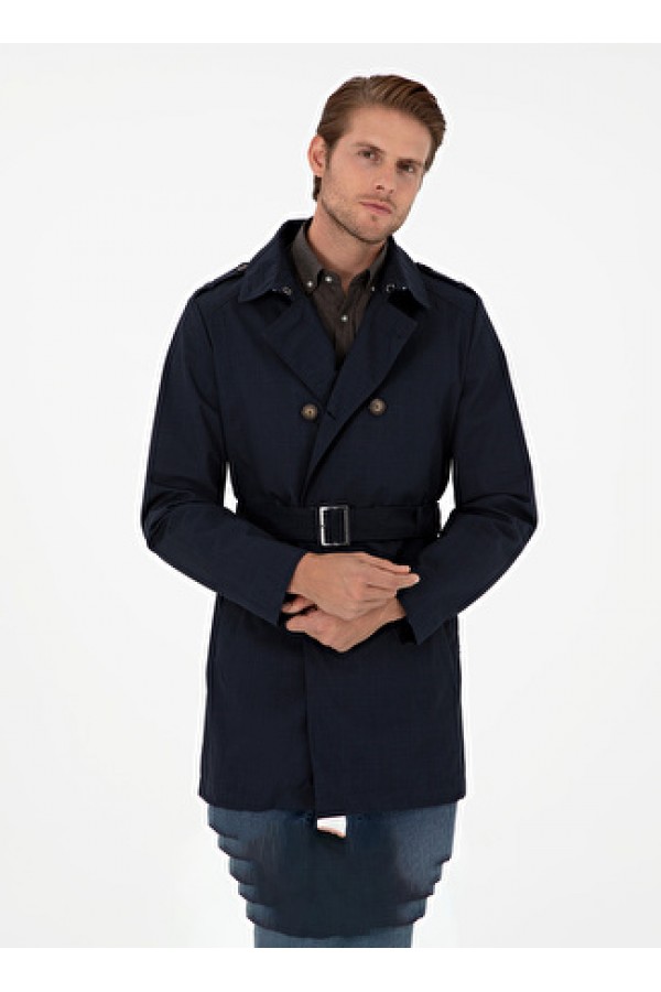 Pierre Cardin Lacivert Erkek Gizli Kapüşonlu Basic Düz Kaban 