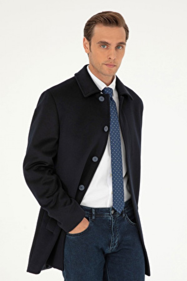 Pierre Cardin Lacivert Erkek Gizli Kapüşonlu Slim Fit Düz Kaban