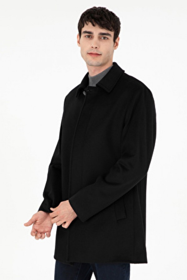 Pierre Cardin Siyah Erkek Gizli Kapüşonlu Slim Fit Düz Kaban 