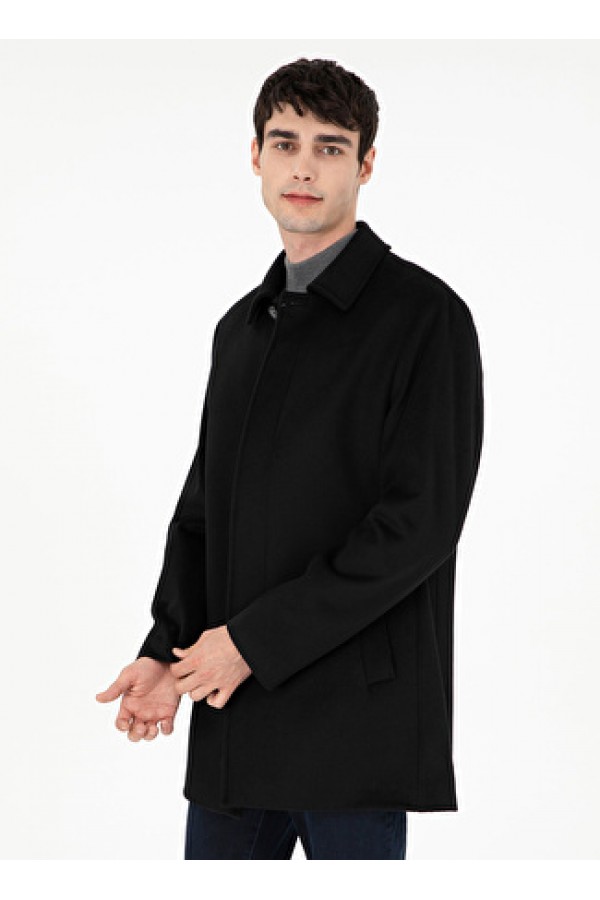 Pierre Cardin Siyah Erkek Gizli Kapüşonlu Slim Fit Düz Kaban 