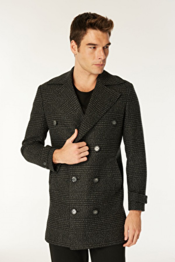 Pierre Cardin Gri Erkek Gizli Kapüşonlu Slim Fit Desenli Kaban 