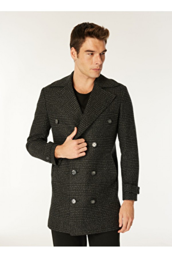 Pierre Cardin Gri Erkek Gizli Kapüşonlu Slim Fit Desenli Kaban 