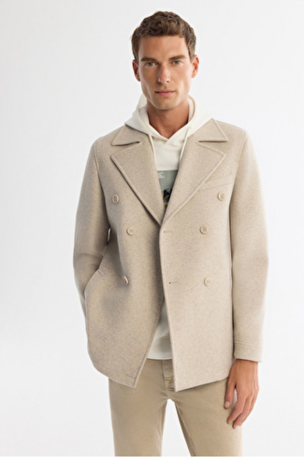 Avva Erkek Bej Kruvaze Kapama Yandan Cepli Düğmeli Astarlı Kaşe Kaban 