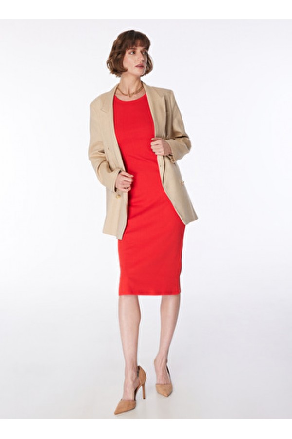 Fabrika Bisiklet Yaka Kırmızı Kadın Midi Triko Elbise K-BODIN