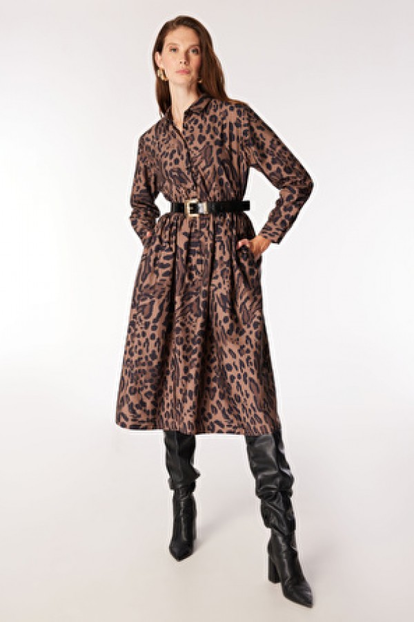 Fabrika Comfort Comfort Geniş Fit Desenli Midi Kadın Gömlek Elbise FC4WL-ELB0713