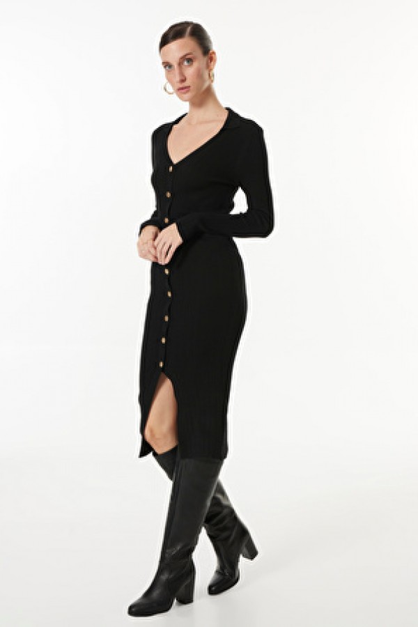 Fabrika V Yaka Siyah Kadın Midi Elbise