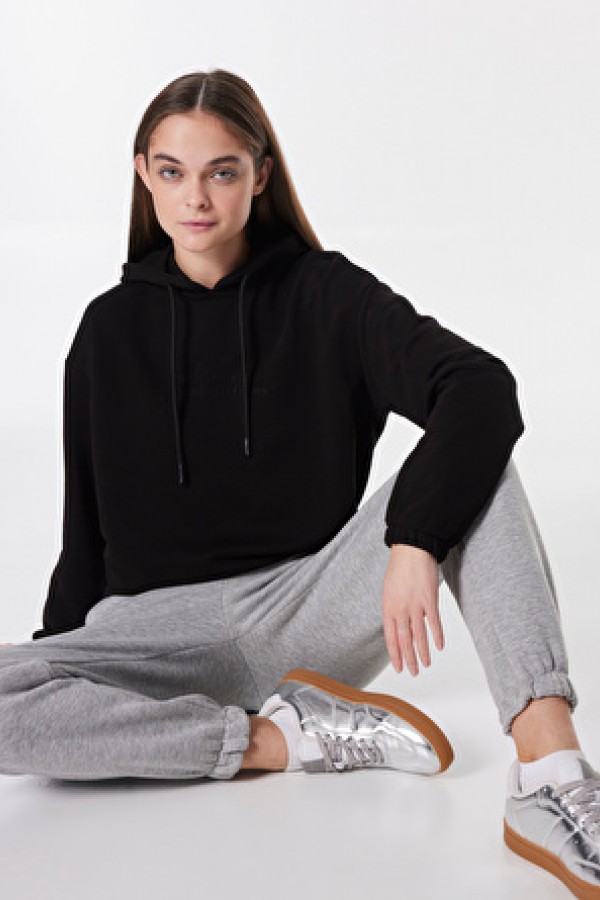 People By Fabrika Siyah Kadın Kapüşon Loose Fit Baskılı Sweatshirt PBF4WL-SWT5620 