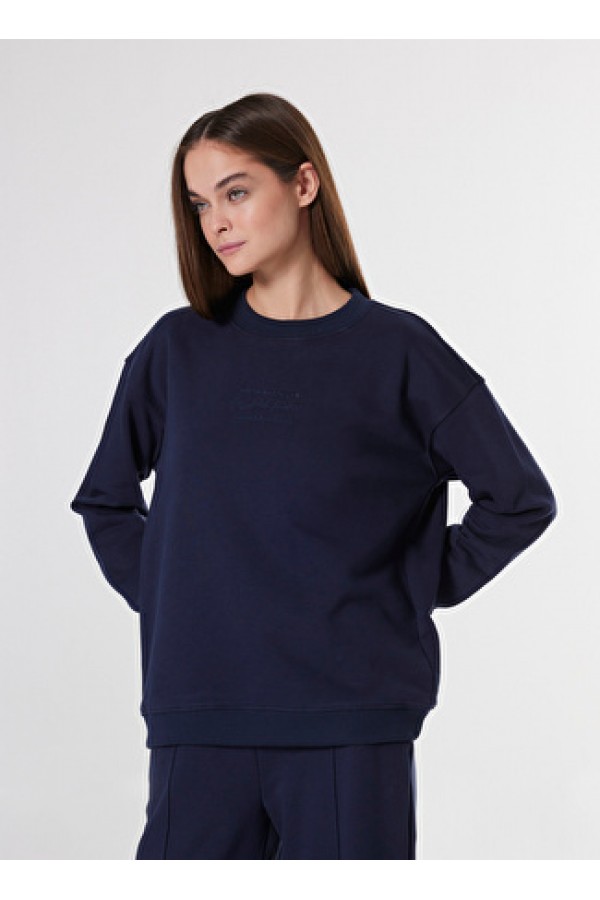 People By Fabrika Lacivert Kadın Bisiklet Loose Fit Baskılı Sweatshirt PBF4WL-SWT5631 