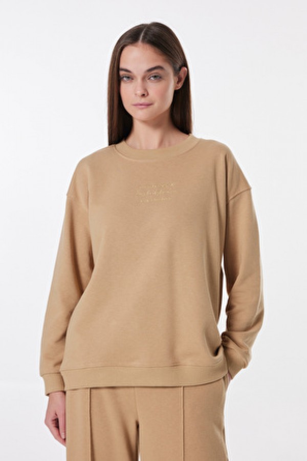 People By Fabrika Bej Kadın Bisiklet Loose Fit Baskılı Sweatshirt PBF4WL-SWT5631 