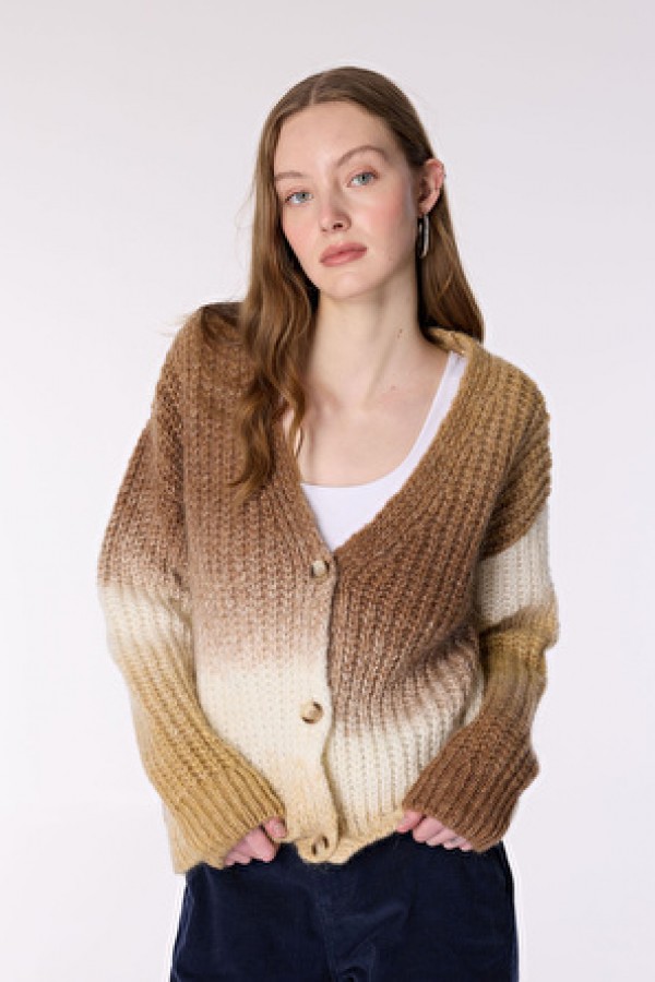 Jeep Kahve - Bej Kadın V Loose Fit Degrade Hırka J4WL-HRK7100 