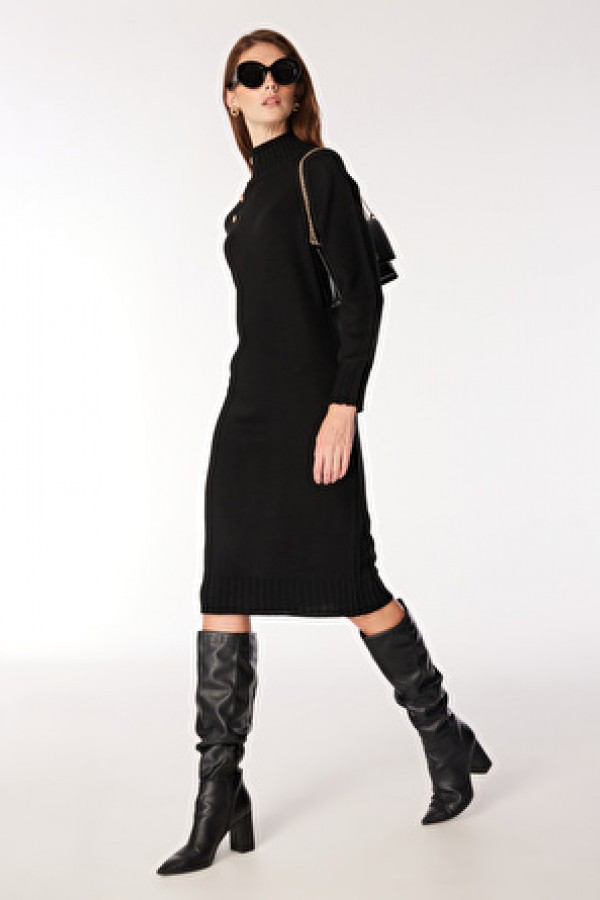 Fabrika Comfort Dik Yaka Düz Siyah Midi Kadın Elbise FC3WL-ELB22