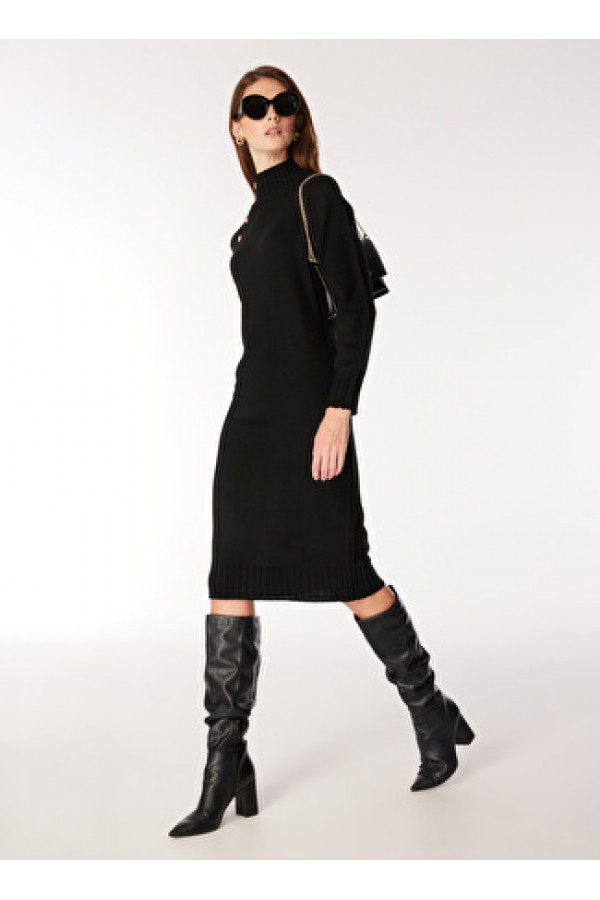 Fabrika Comfort Dik Yaka Düz Siyah Midi Kadın Elbise FC3WL-ELB22