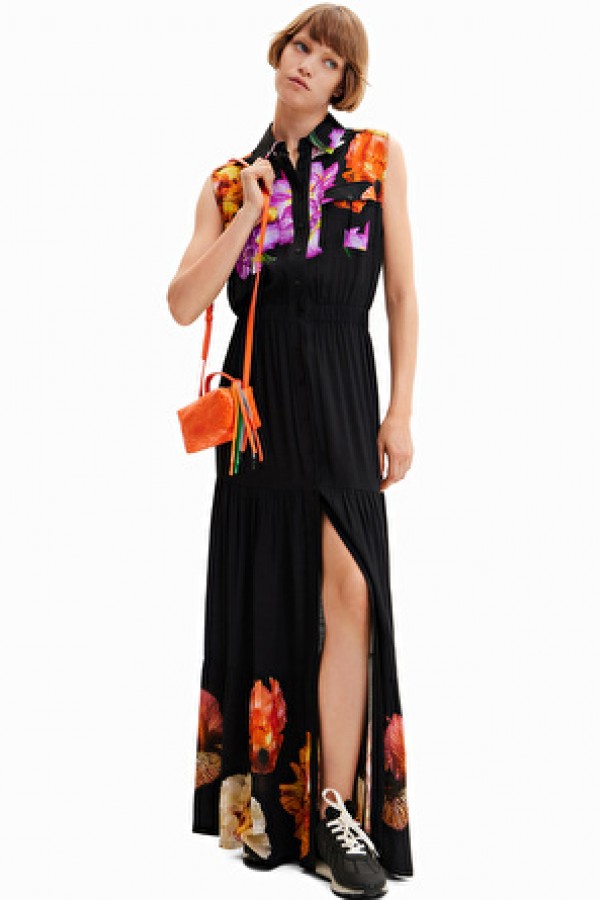 Desigual Siyah Kadın Gömlek Yaka Desenli Yazlık Uzun Elbise 23SWVW77 