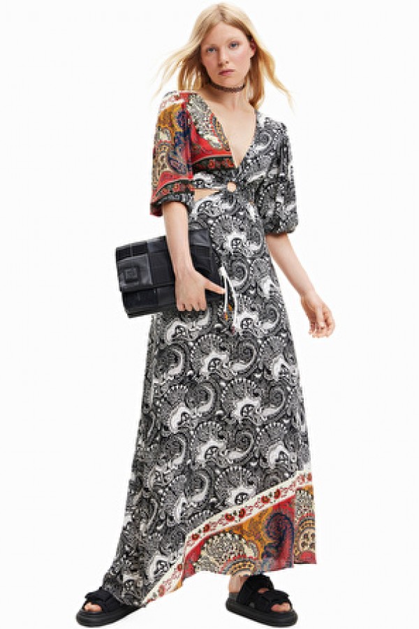 Desigual Siyah Kadın V Yaka Desenli Yazlık Uzun Elbise 23SWVW33 