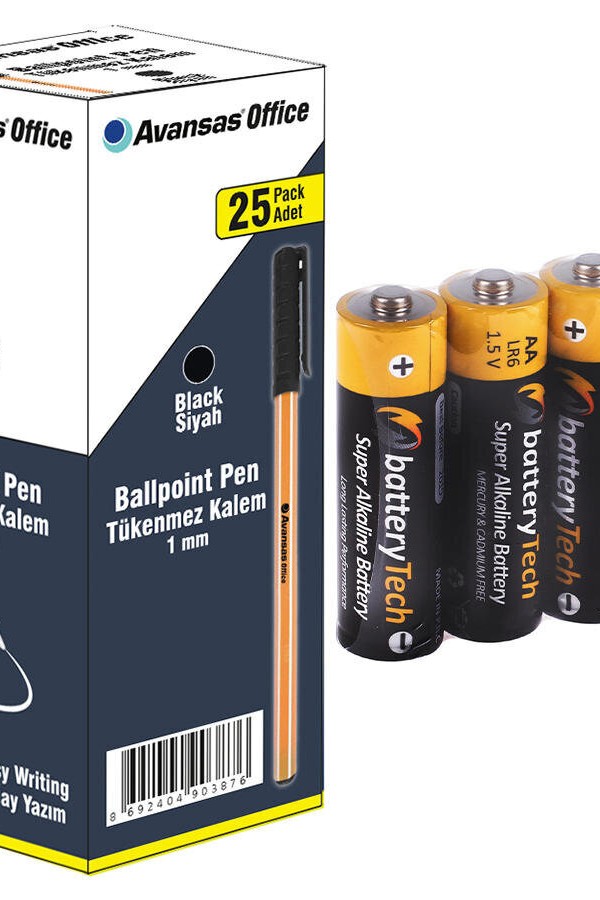 Avansas Office Tükenmez Kalem 1 mm Uçlu Siyah 25'li Paket Alımına Battery Tech Süper Alkalin AA Kalem Pil 4'lü Paket Hediye