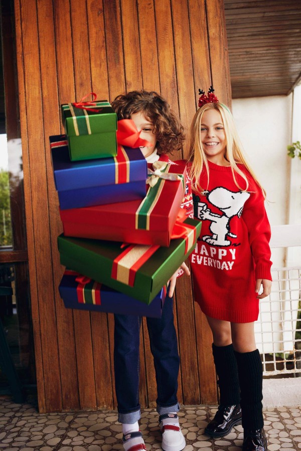 Kız Çocuk Snoopy Bisiklet Yaka Uzun Kollu Triko Elbise