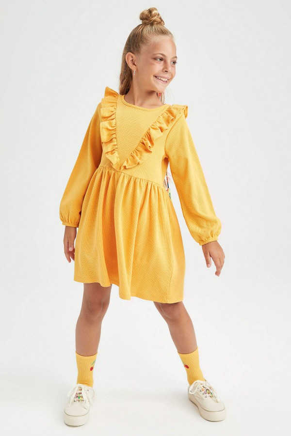 Kız Çocuk Bisiklet Yaka Uzun Kollu Waffle Elbise
