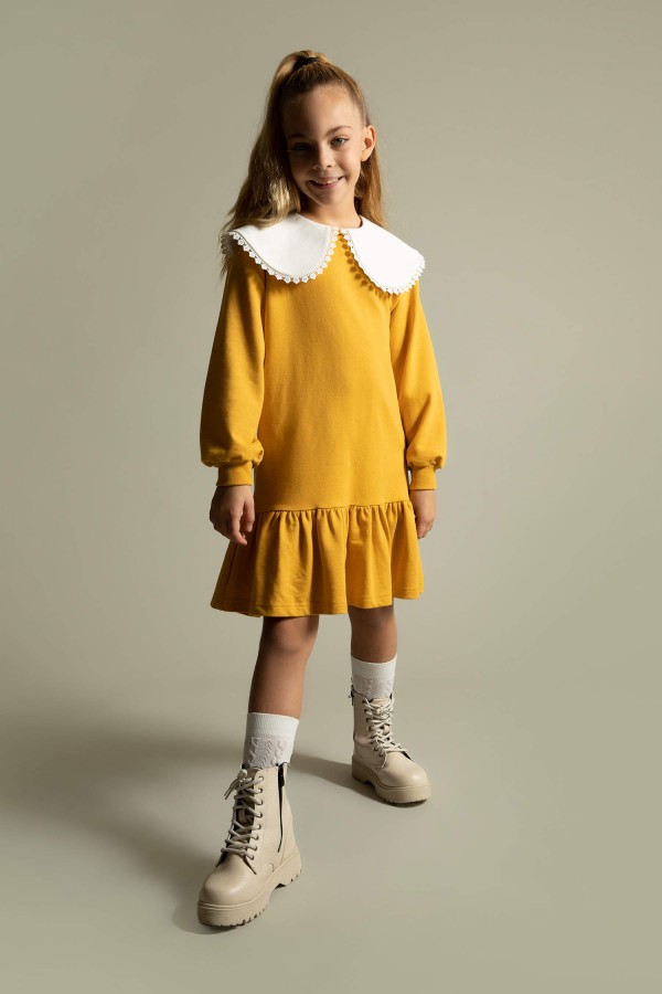 Kız Çocuk Geniş Yaka Uzun Kollu Elbise