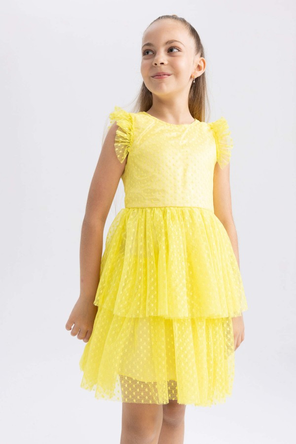 Kız Çocuk Bisiklet Yaka Kolsuz Tül Elbise