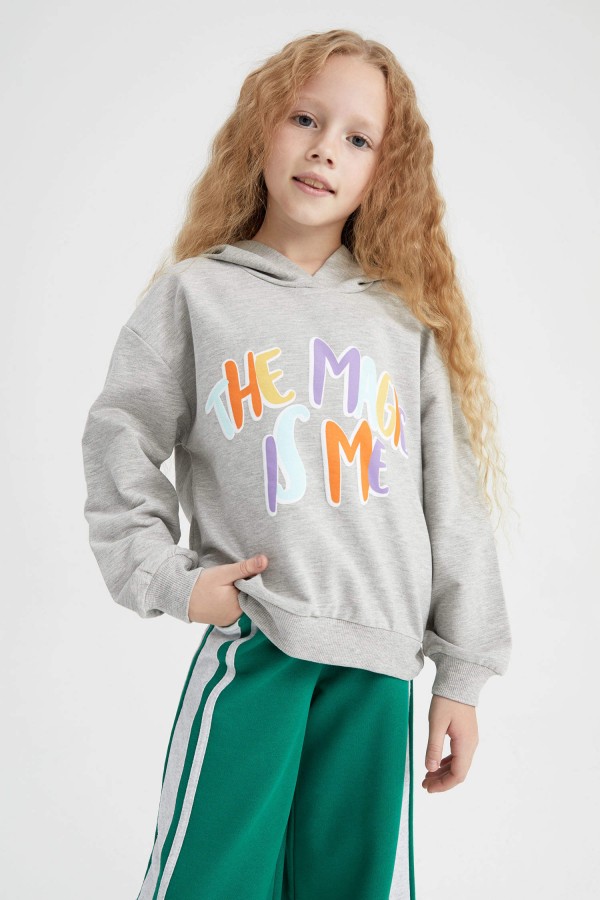 Kız Çocuk Baskılı Kapüşonlu Sweatshirt