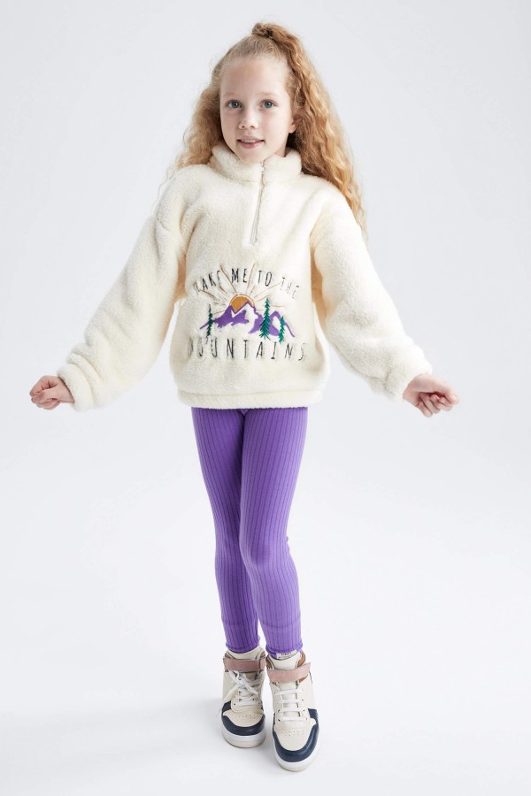 Kız Çocuk Dik Yaka İçi Yumuşak Tüylü Sweatshirt