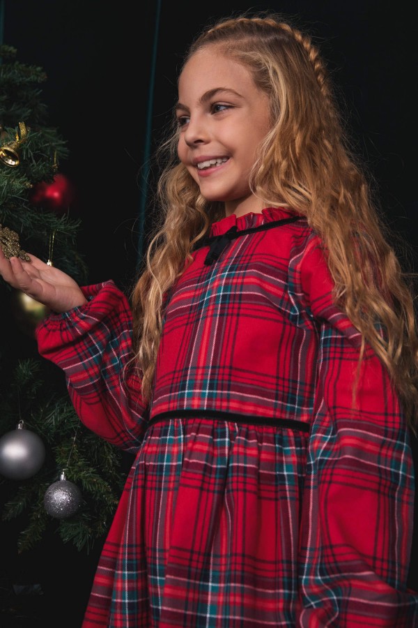 Kız Çocuk Kareli Uzun Kollu Elbise