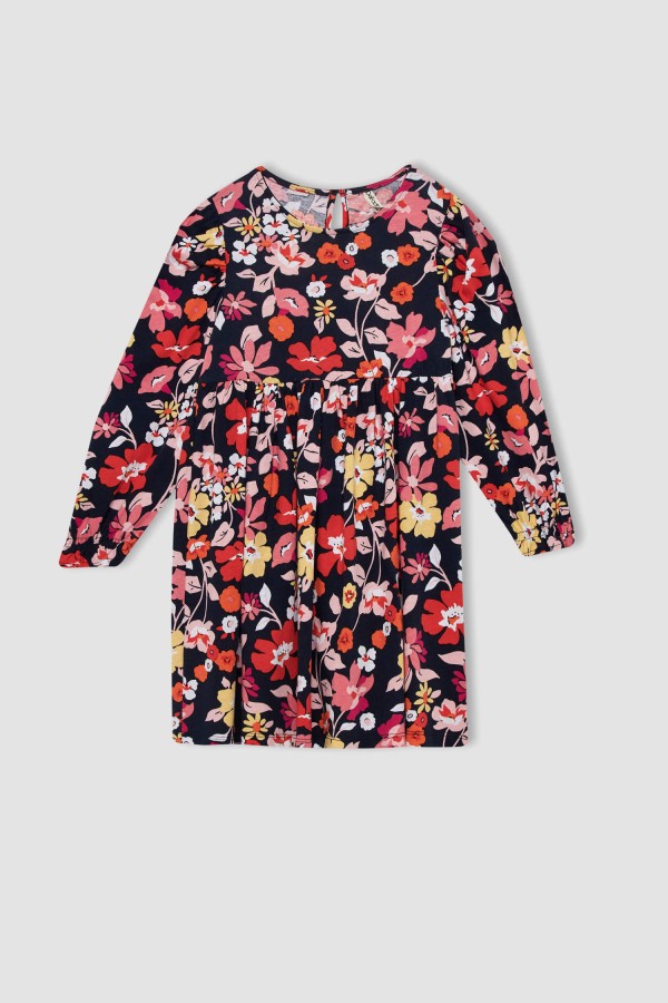 Kız Çocuk Çiçekli Bisiklet Yaka Uzun Kollu Penye Elbise