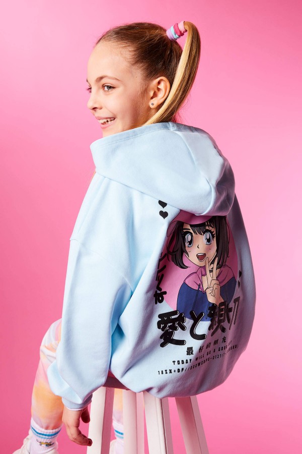 Kız Çocuk Oversize Fit Kapüşonlu Sırt Baskılı Sweatshirt